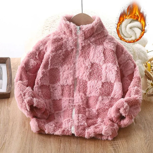 Cuddly Checkered Cozy Fleece Jacket by Ju Ju Jam β stylish and warm jacket for kids, featuring a trendy checkered design.