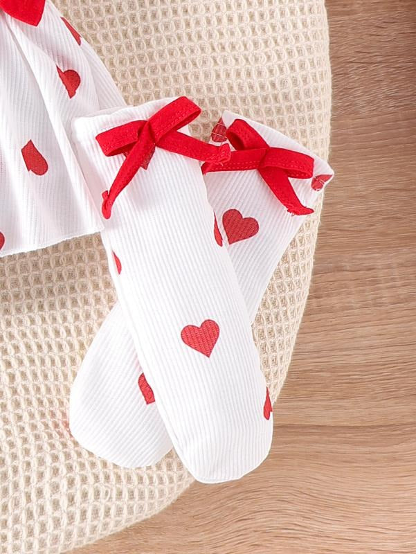 Polka Hearts Baby Girls Romper Dress Set (With Socks and Head Bow)