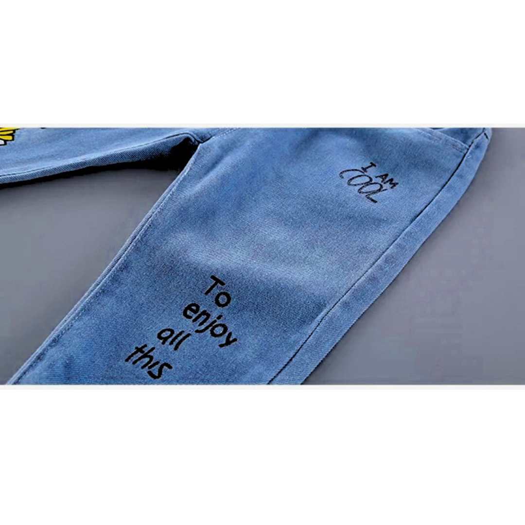 Ju Ju Jam boys denim jeans with trendy “I am Cool” graphic on leg