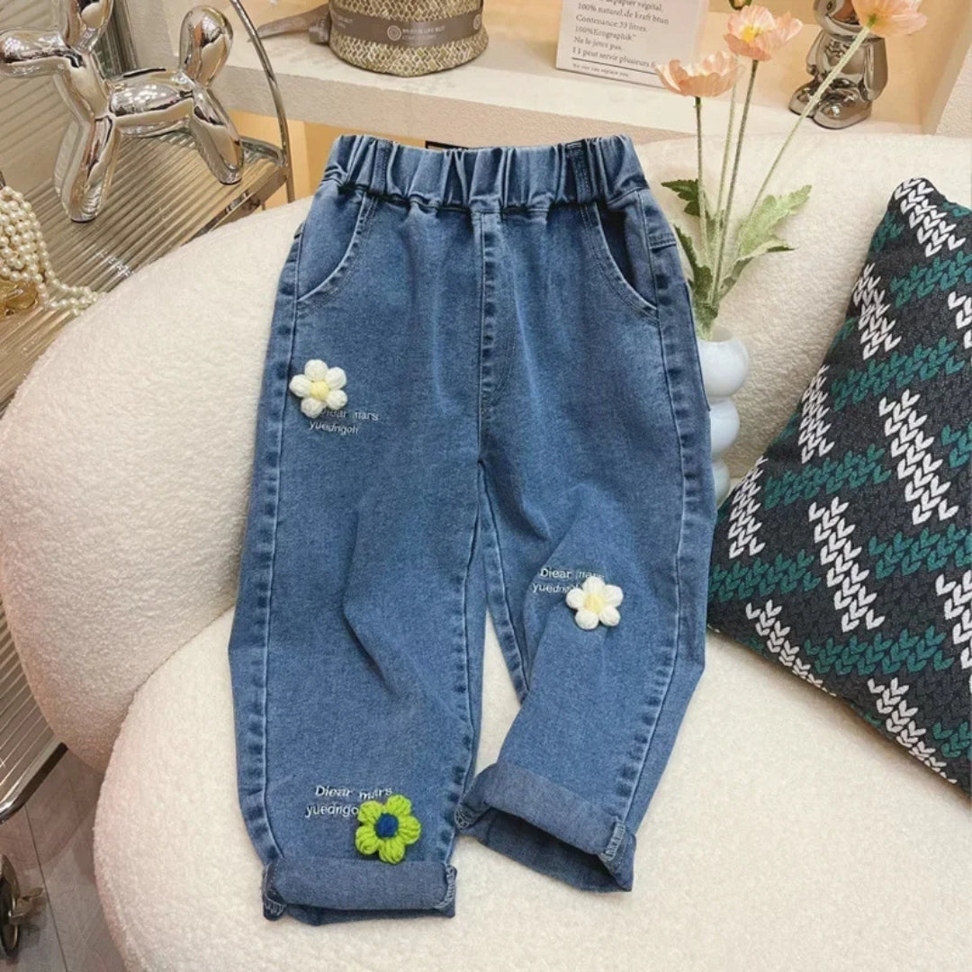 Girls denim jeans with bright 3D flower details β Ju Ju Jam cute toddler fashion