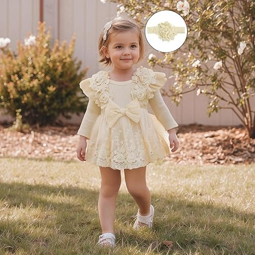 Baby Bloom 3D Flowers Girls Romper Dress with Headband