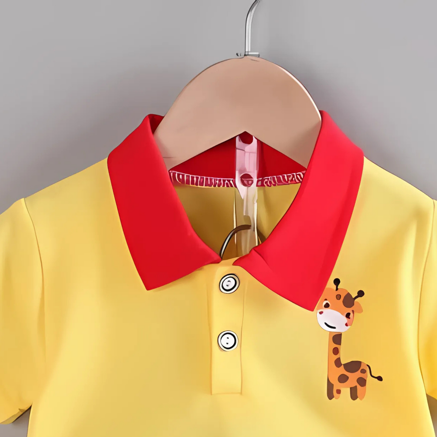 Ju Ju Jam baby boy outfit – yellow collared t-shirt and pants with giraffe print