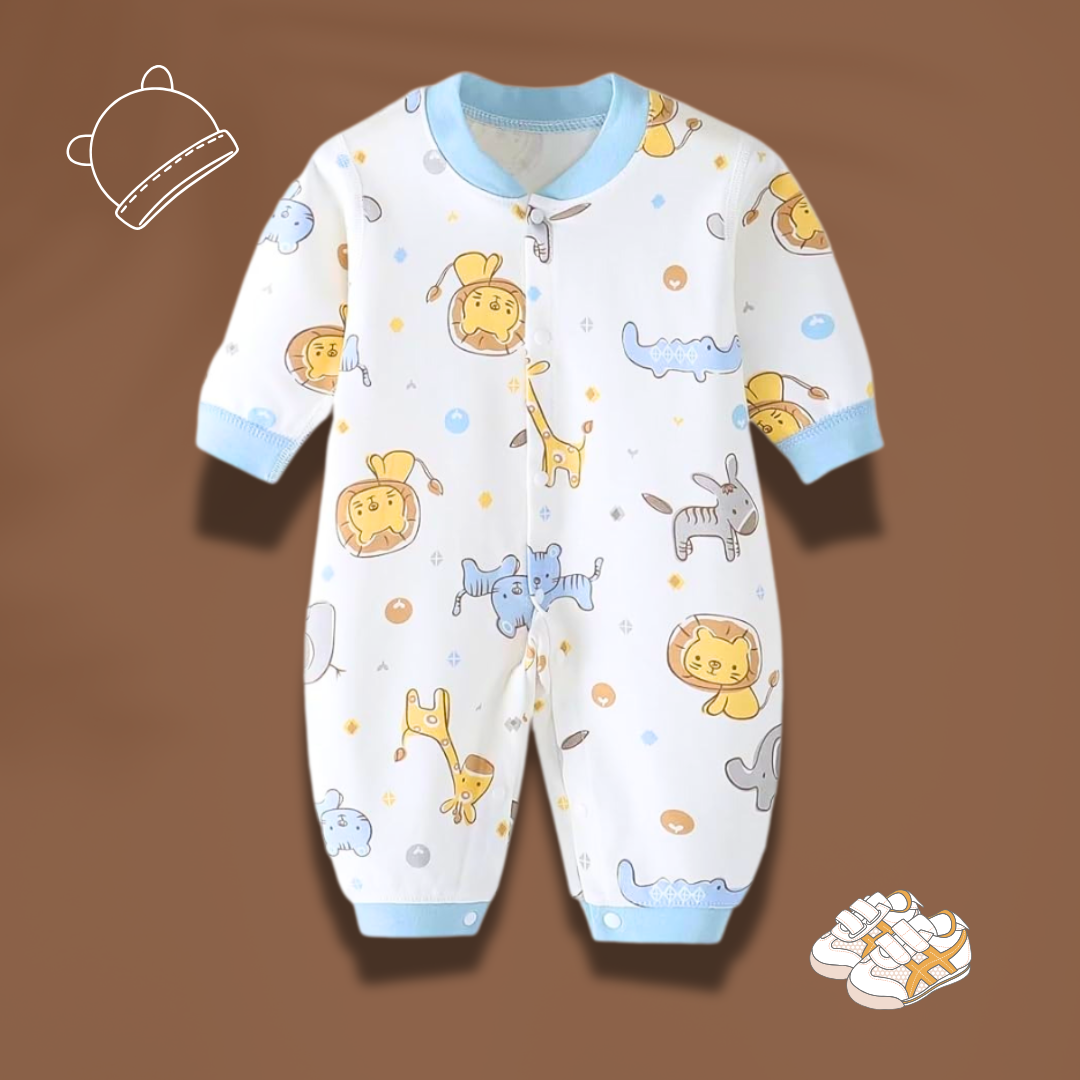 Cute unisex baby romper with animal print β Animal Love romper for boys and girls by Ju Ju Jam.