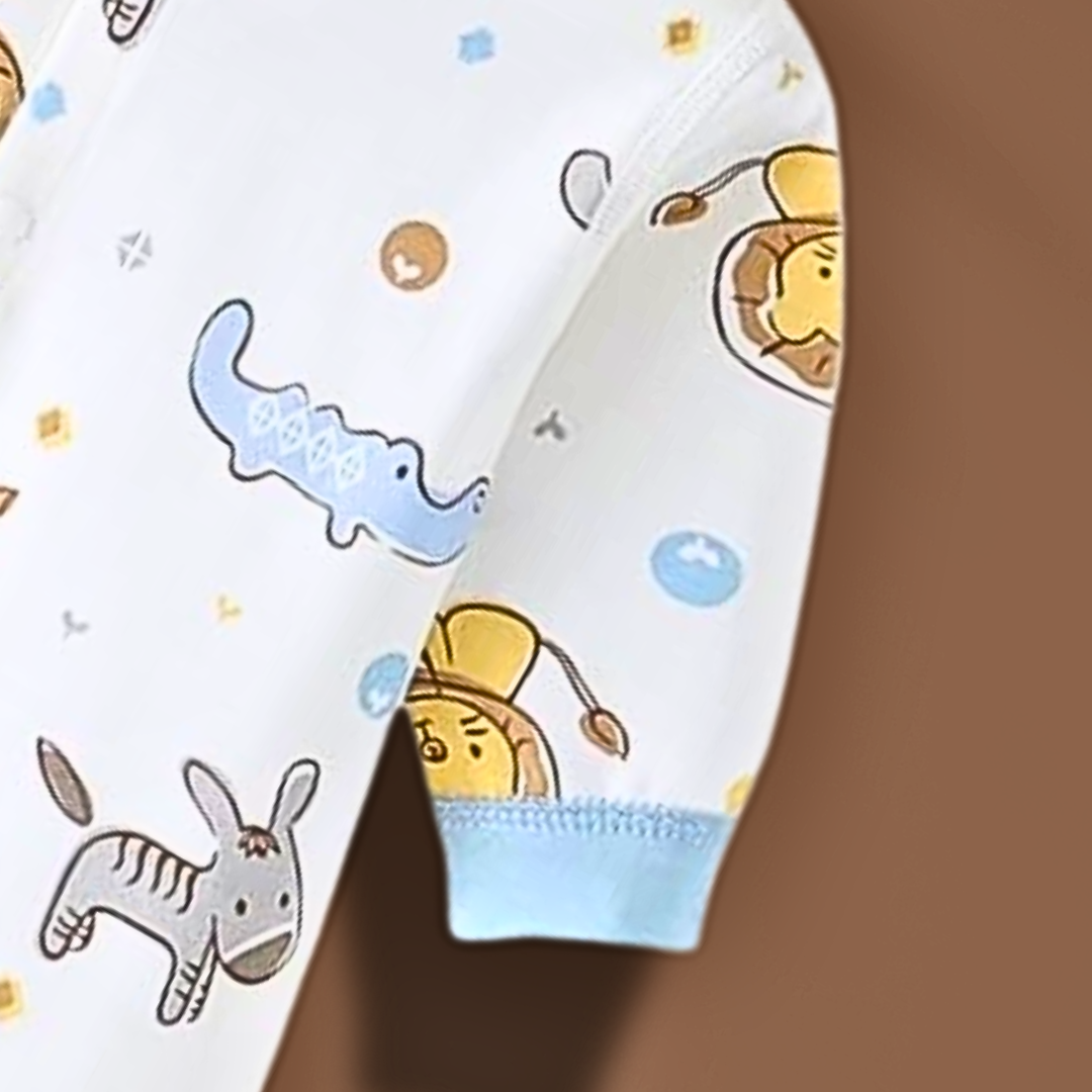 Unisex baby romper with adorable animal illustrations β Animal Love romper by Ju Ju Jam.