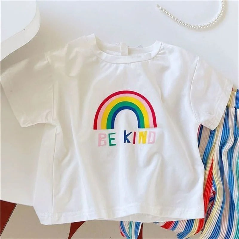 Colorful two-piece outfit with rainbow and kindness print – Ju Ju Jam girls clothing
