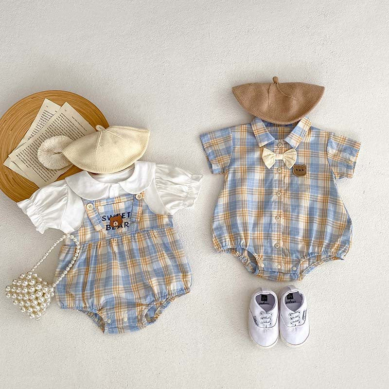 Ju Ju Jam Bear Plaid Rompers - Front View