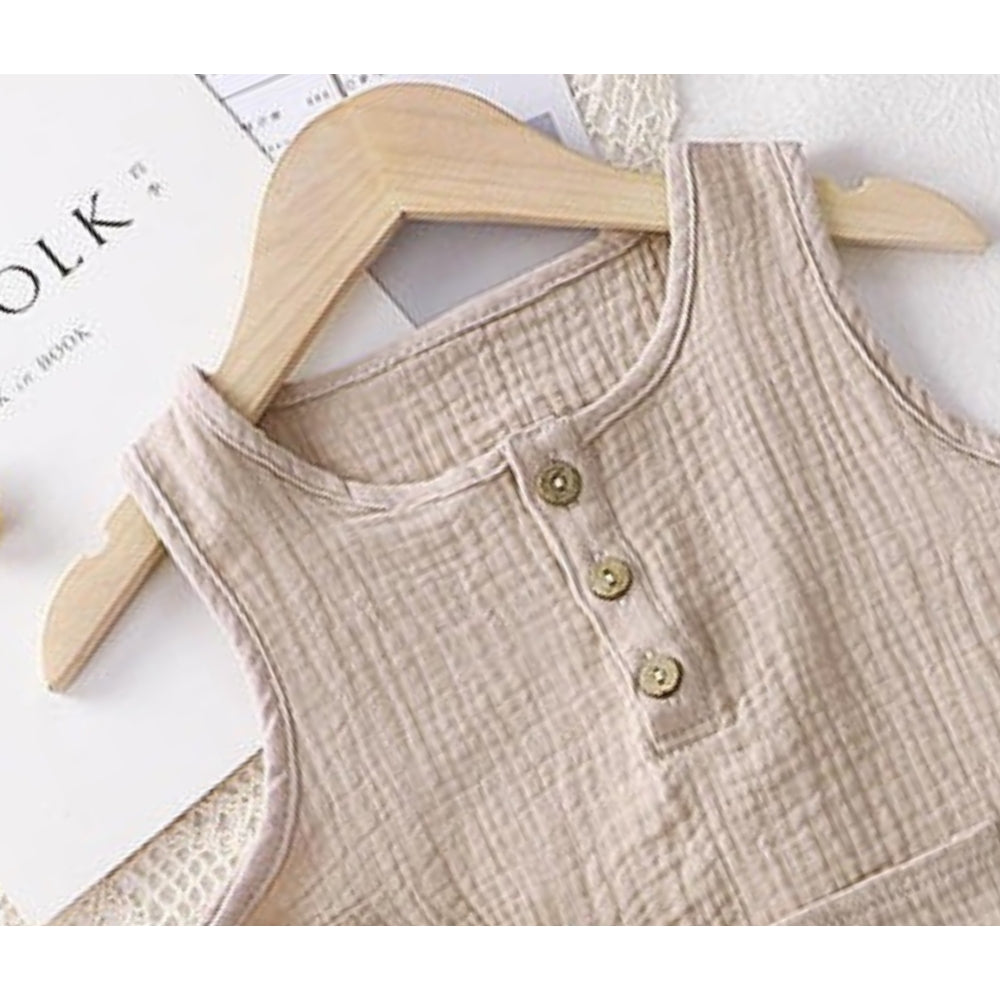 Beige sleeveless girls romper with hat by Ju Ju Jam, cute baby summer clothing for girls