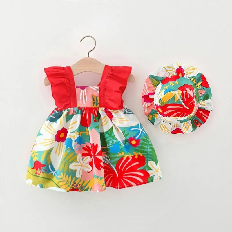 Red Vibrant Frill Sleeves Girls Dress with Hat