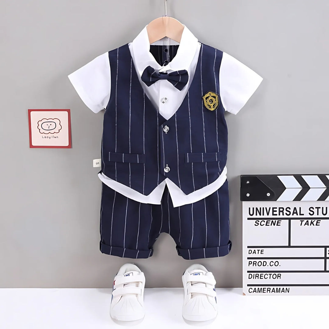 Boys occasional set with attached waistcoat and bow by Ju Ju Jam – formal baby outfit