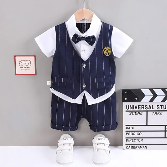 Boys occasional set with attached waistcoat and bow by Ju Ju Jam β formal baby outfit