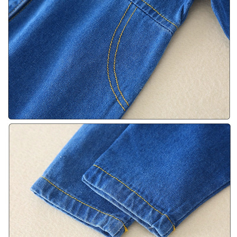Baby girl wearing unisex denim safari jumpsuit β Ju Ju Jam classic style
