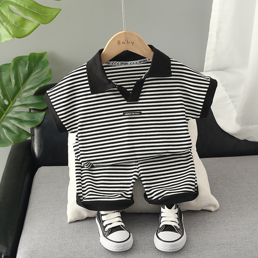 Ju Ju Jam Collared Boys and Girls Striped T-shirt and Shorts Set - Stylish outfit with a classic striped design and a collared T-shirt.
