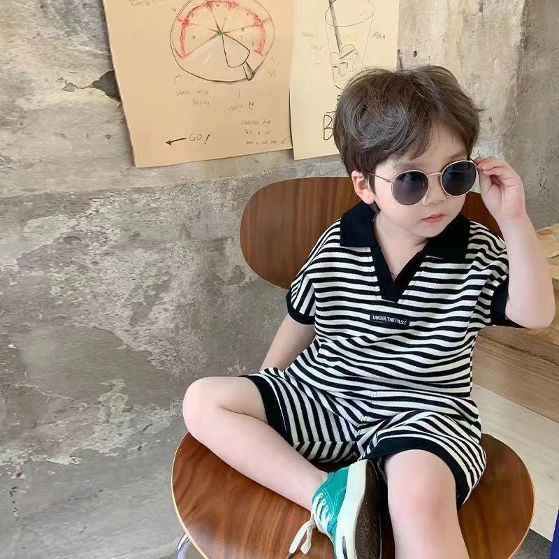 Collared Striped T-shirt and Shorts Set for Boys and Girls by Ju Ju Jam - Trendy and comfortable outfit featuring a striped pattern.