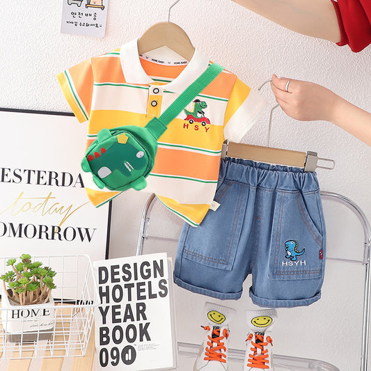 Collared T-shirt and Shorts Boys Set with Green Bag by Ju Ju Jam