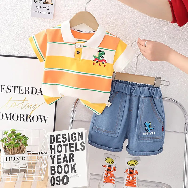 Ju Ju Jam casual boys' set with collared T-shirt, shorts, and a green bag accessory