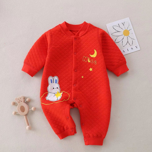 Rich Red Baby Boys Girls Bunny Romper by Ju Ju Jam β Adorable unisex romper with a cute bunny design, perfect for baby boys and girls.