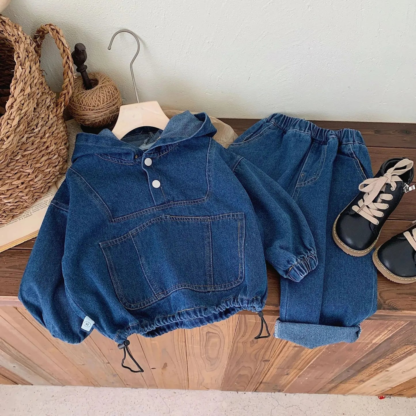 Baby in denim sweatshirt hoodie and pants set by Ju Ju Jam