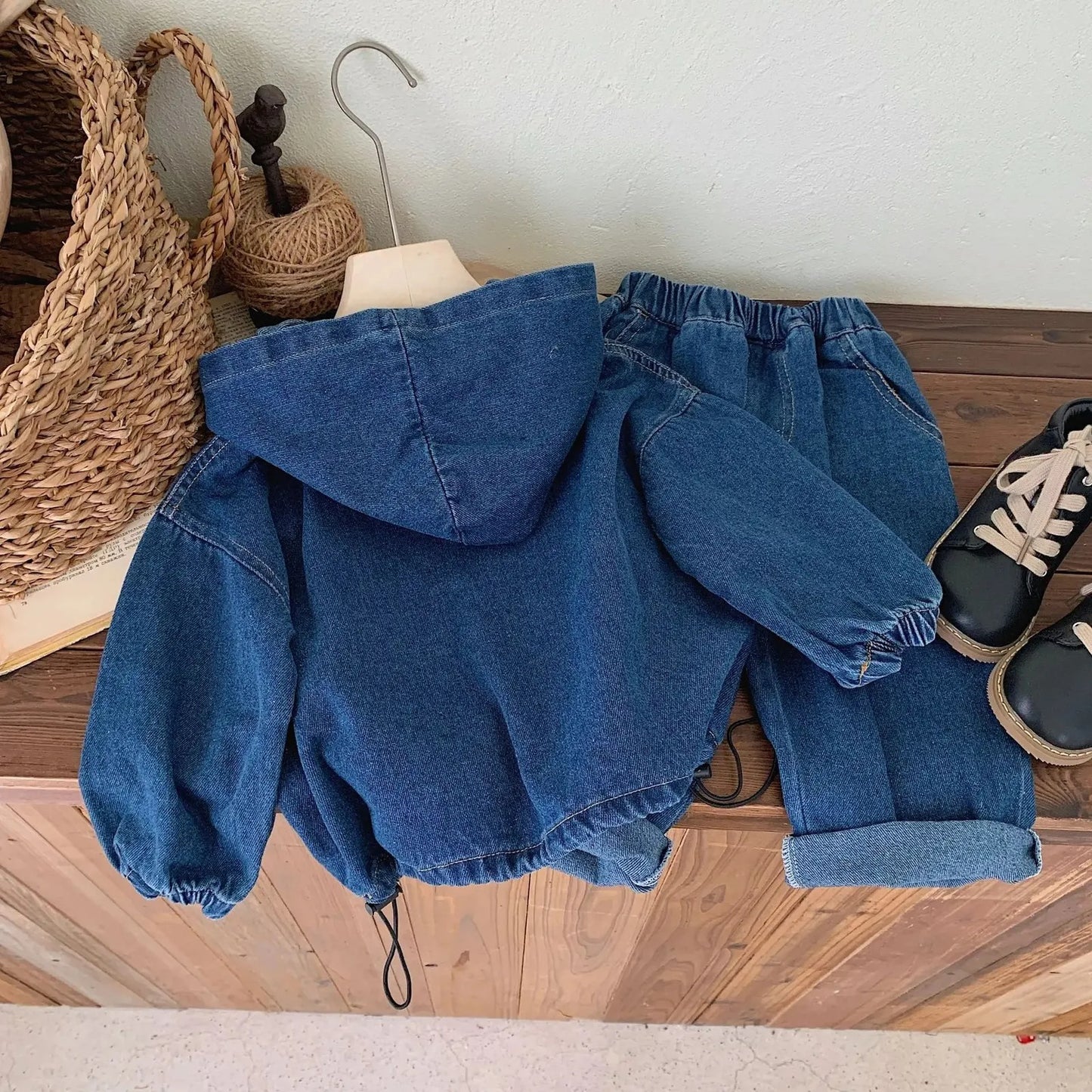 Stylish baby boy and girl in denim hoodie and pant outfit – Ju Ju Jam