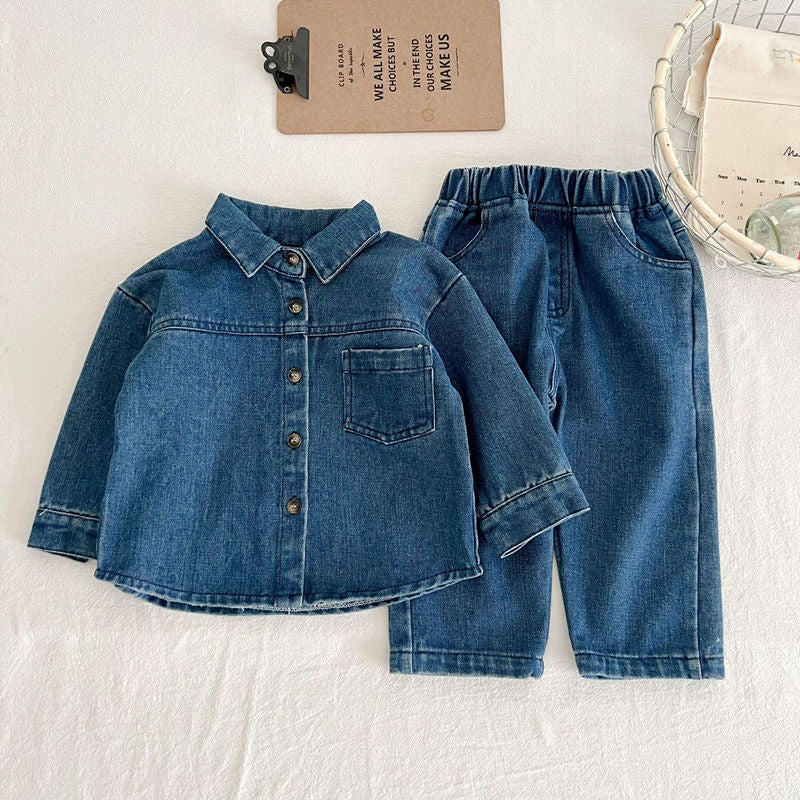 Ju Ju Jam two-piece denim set – button-up shirt and matching pants for babies.