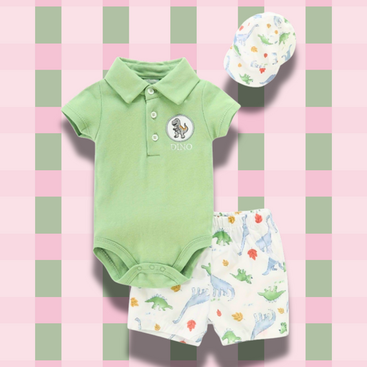 Dino Fun Baby Boy Romper Shorts & Hat Set β playful outfit by Ju Ju Jam