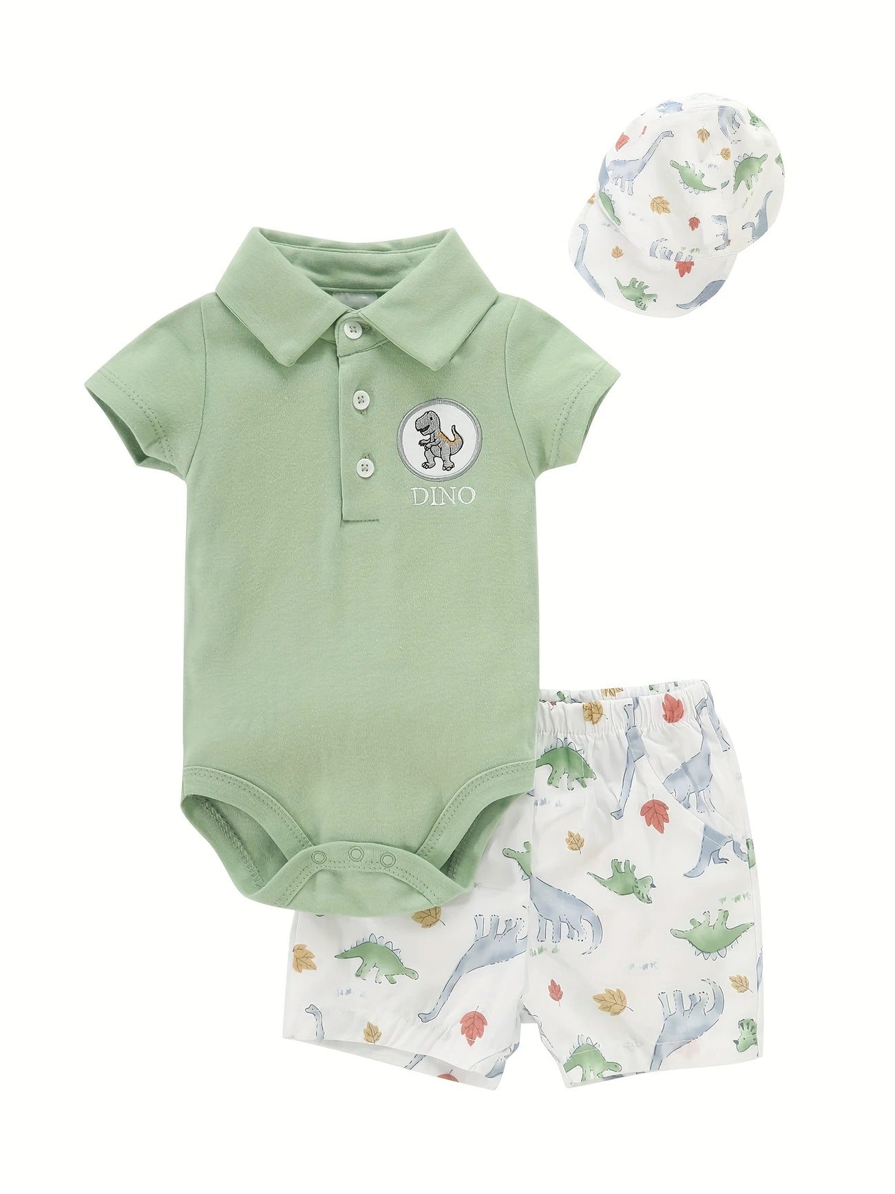 Baby boy romper set featuring fun dino print, shorts, and cap β Ju Ju Jam