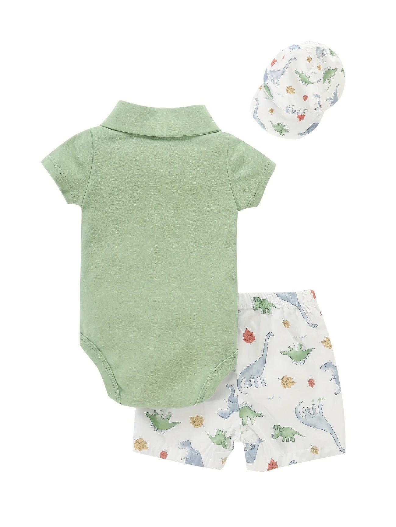 Ju Ju Jam dinosaur-themed baby outfit with romper, shorts, and hat