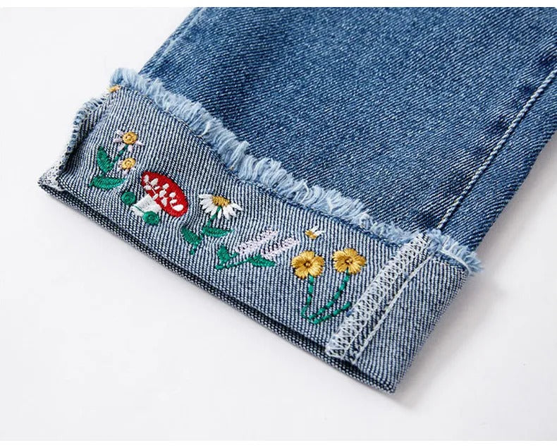 Classic straight fit girls denim pants with elegant bottom embroidery β Ju Ju Jam clothing