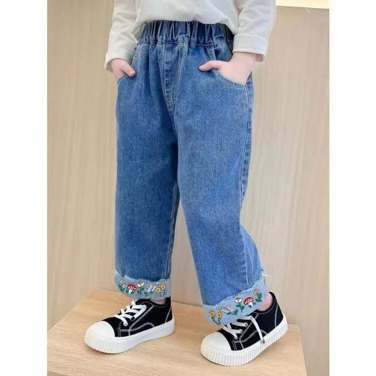 Stylish girls denim jeans with floral embroidery at hem β Ju Ju Jam kidswear
