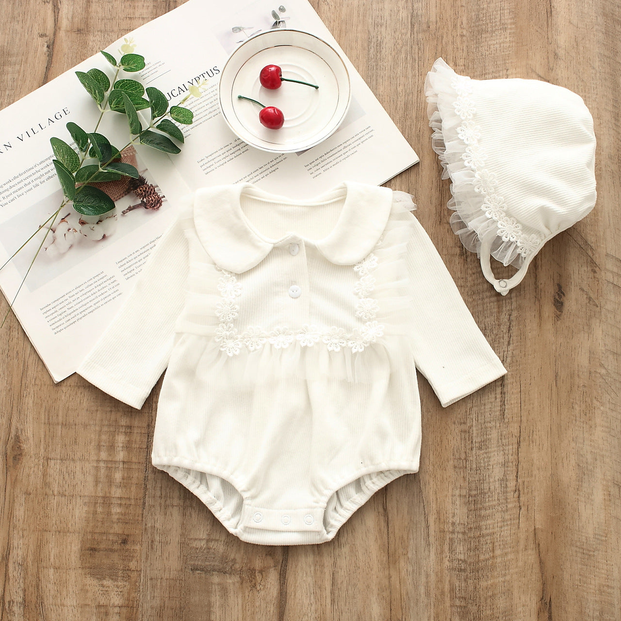 Estella frill baby girls romper with matching bucket hat by Ju Ju Jam β stylish summer outfit with delicate detailing.