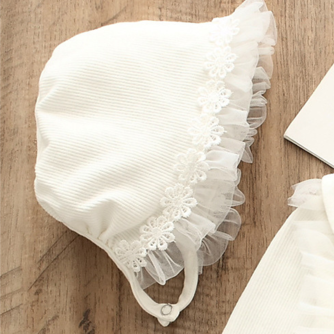 Ju Ju Jam baby girls Estella romper with frill accents and bucket hat β perfect outfit for sunny days.