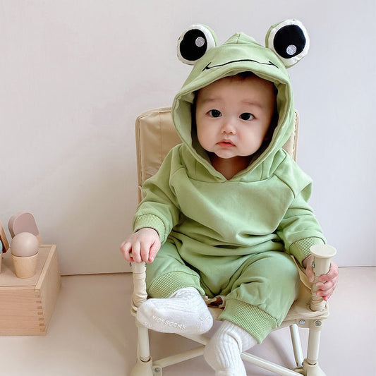 Baby boy and girl in a Frog Eyes hooded onesie from Ju Ju Jam.