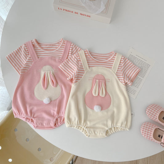 Front view of Gia Bunny Ears and Tail Baby Girls Romper β Ju Ju Jam babywear