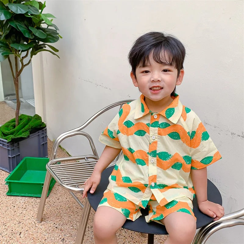 Stylish Hawaii Wave Orange Shirt and Shorts Boys Set by Ju Ju Jam