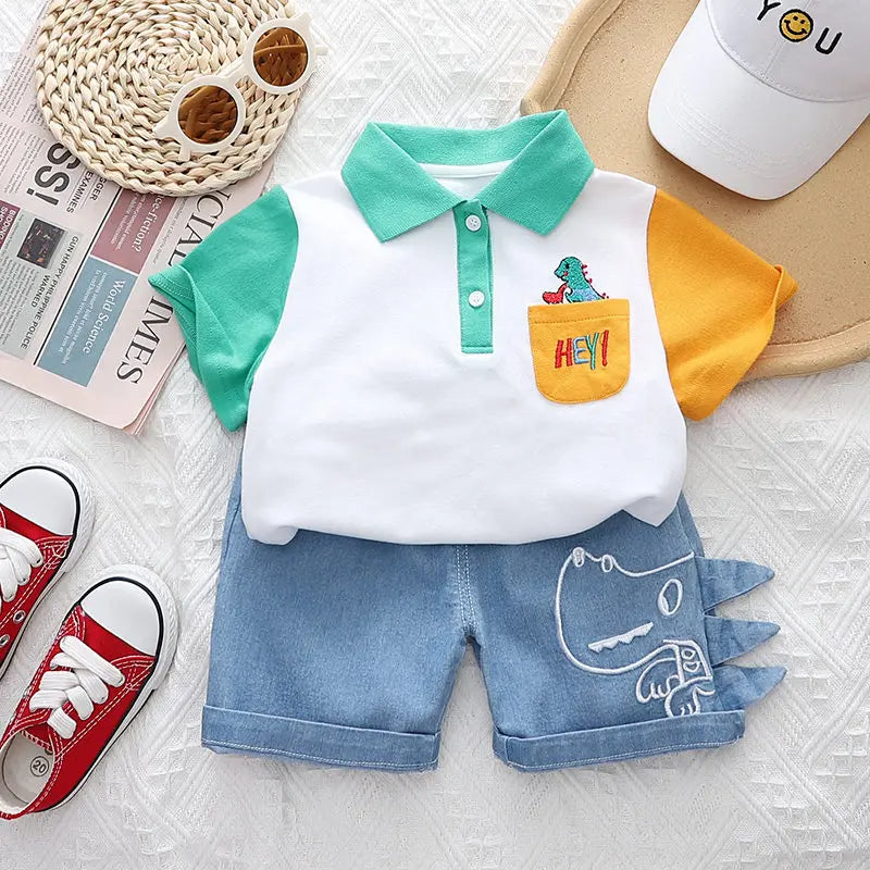 Hey Dino Shorts with Bright T-shirt Boys Set - Ju Ju Jam front view