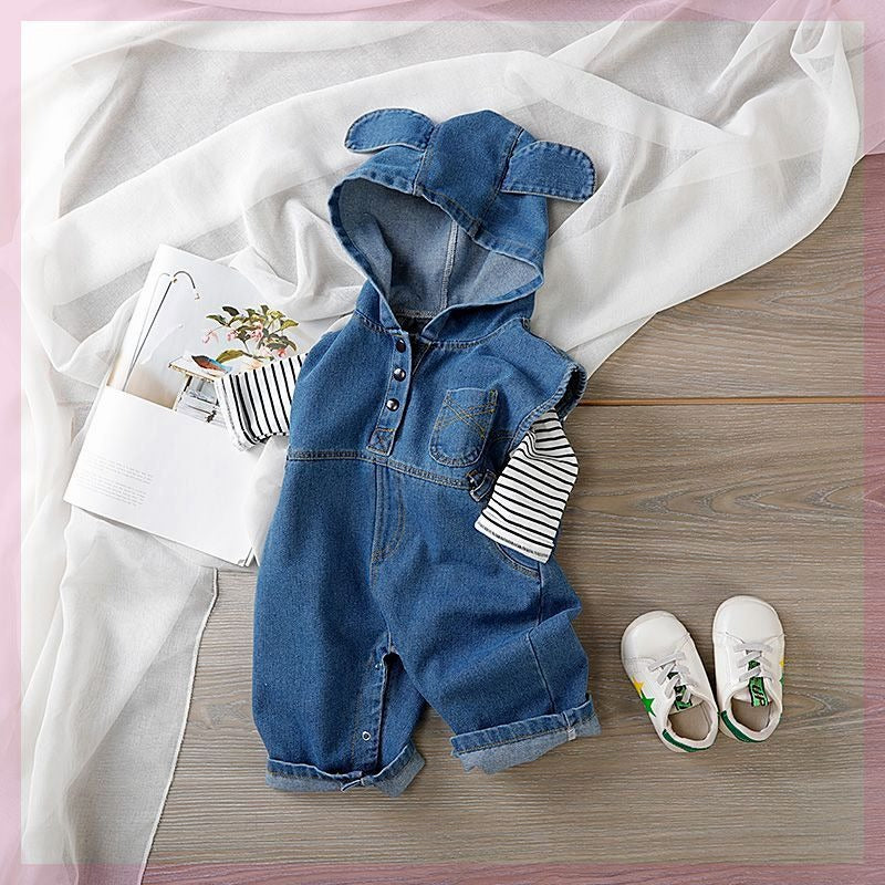 Front view of baby in K-Baby Denim Hooded Jumpsuit Set by Ju Ju Jam