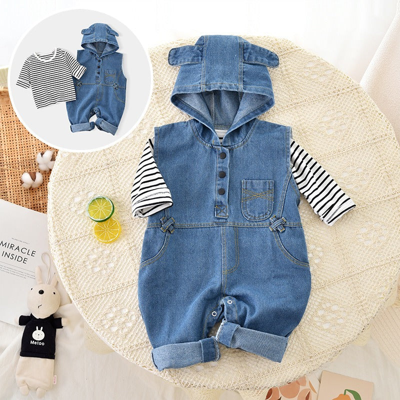 Unisex baby denim hooded jumpsuit outfit from Ju Ju Jam