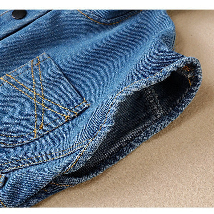 Baby wearing K-Baby unisex denim jumpsuit with hood β Ju Ju Jam fashion