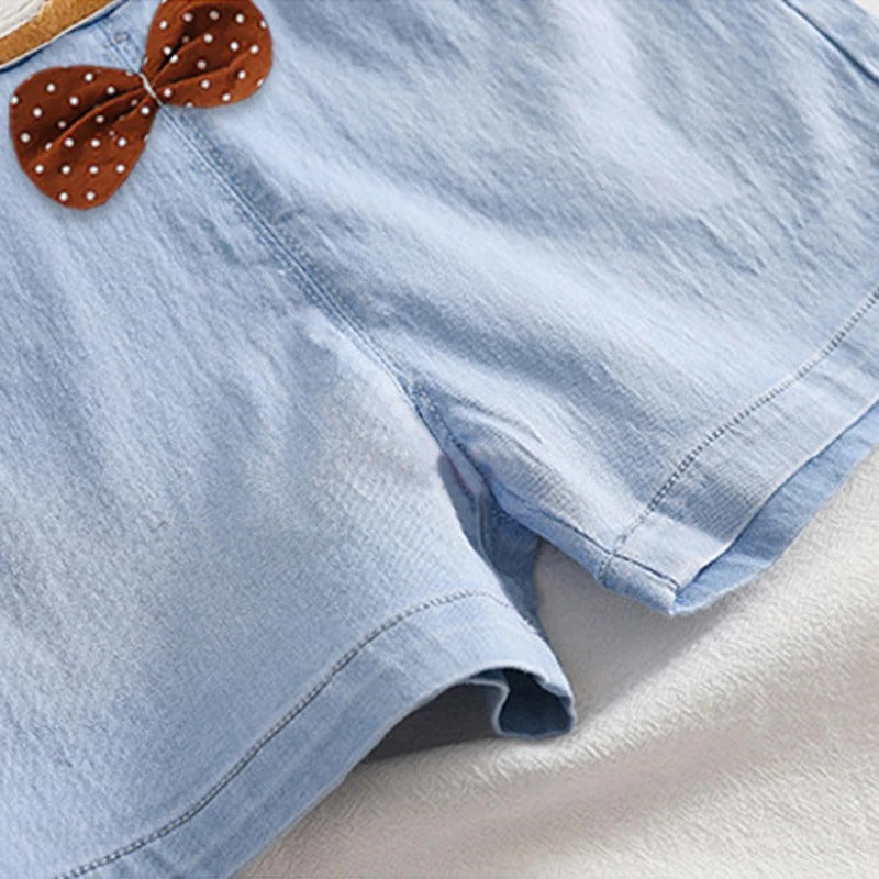 Light denim baby jumpsuit with 3D teddy – cute and comfy boys and girls outfit by Ju Ju Jam.