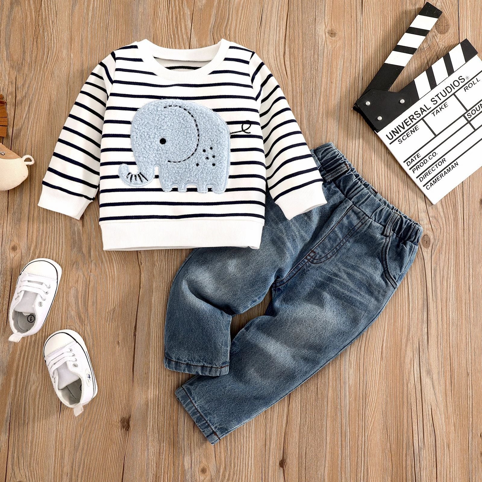 Lil Elephant Boys T-shirt and Denim Set from Ju Ju Jam β cute elephant print tee with comfy denim pants for toddlers.