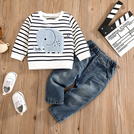 Lil Elephant Boys T-shirt and Denim Set from Ju Ju Jam β cute elephant print tee with comfy denim pants for toddlers.