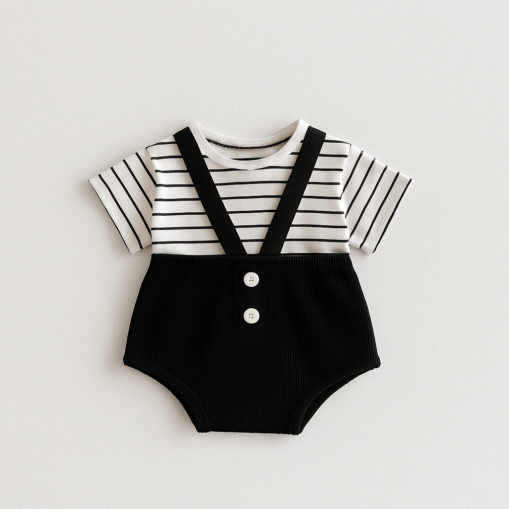 Baby boys romper with built-in suspenders – Mini Classic design by Ju Ju Jam for elegant babywear.