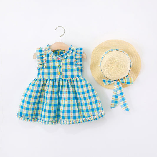 Mira Blue Checkered Baby Girls Picnic Dress with matching hat β Ju Ju Jam