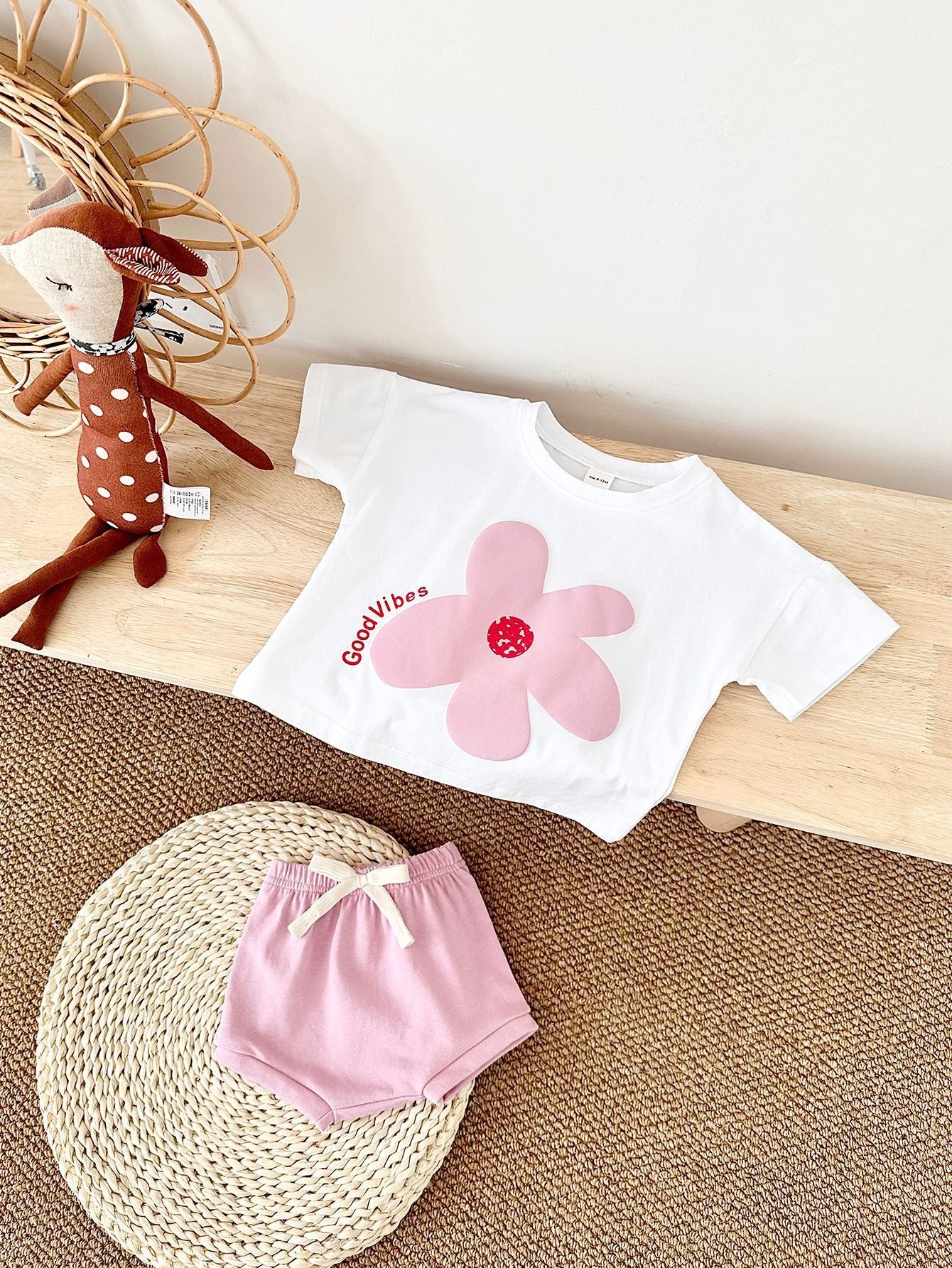 Miss Good Vibes girls two-piece set β joyful print top and comfy shorts for playful baby girls by Ju Ju Jam.
