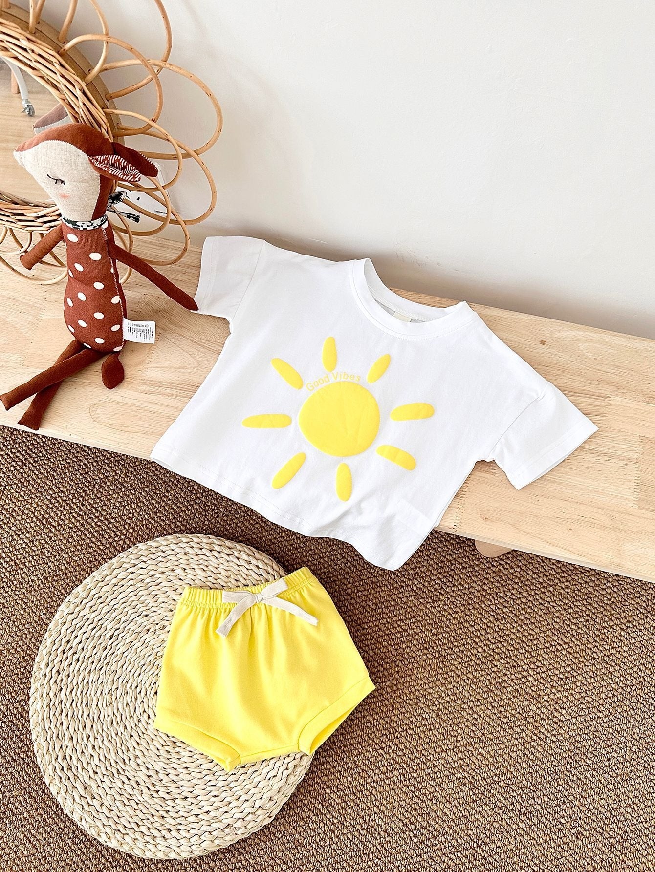 Colorful Miss Good Vibes outfit β two-piece baby girls set with happy vibe graphic, Ju Ju Jam fashion.
