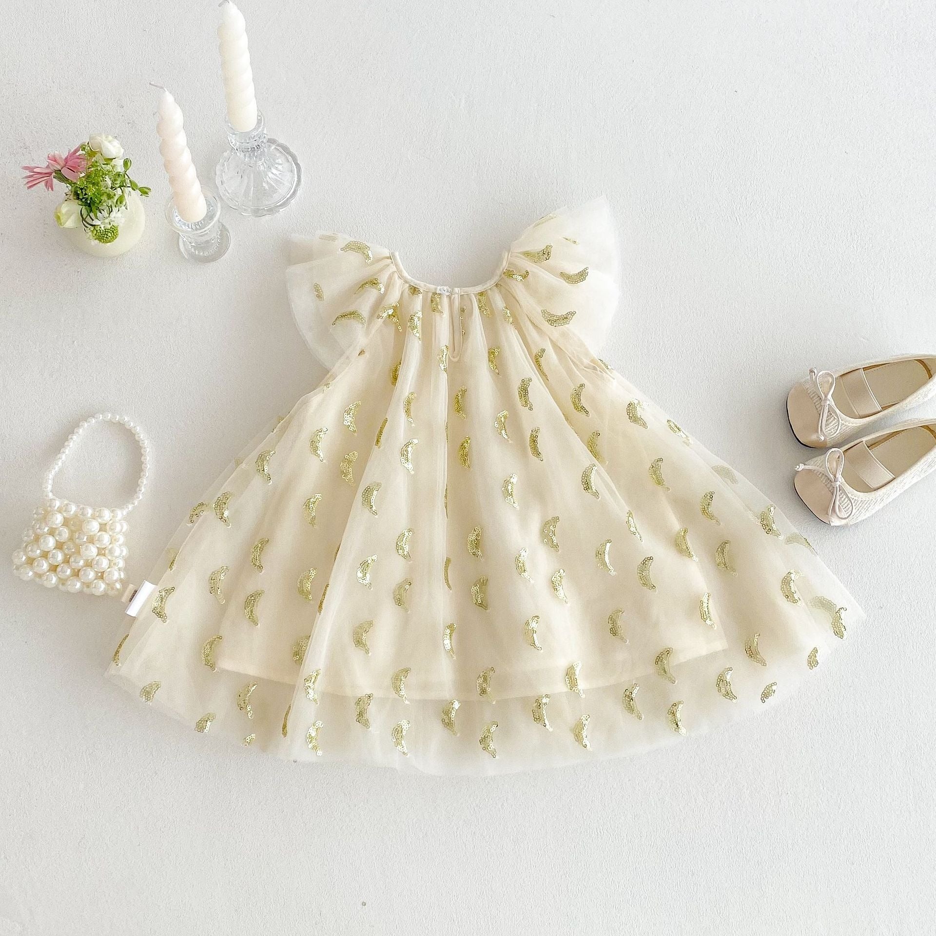 Front view of Nyla Party Princess Baby Girls Sequin Dress – glittery bodice with layered skirt