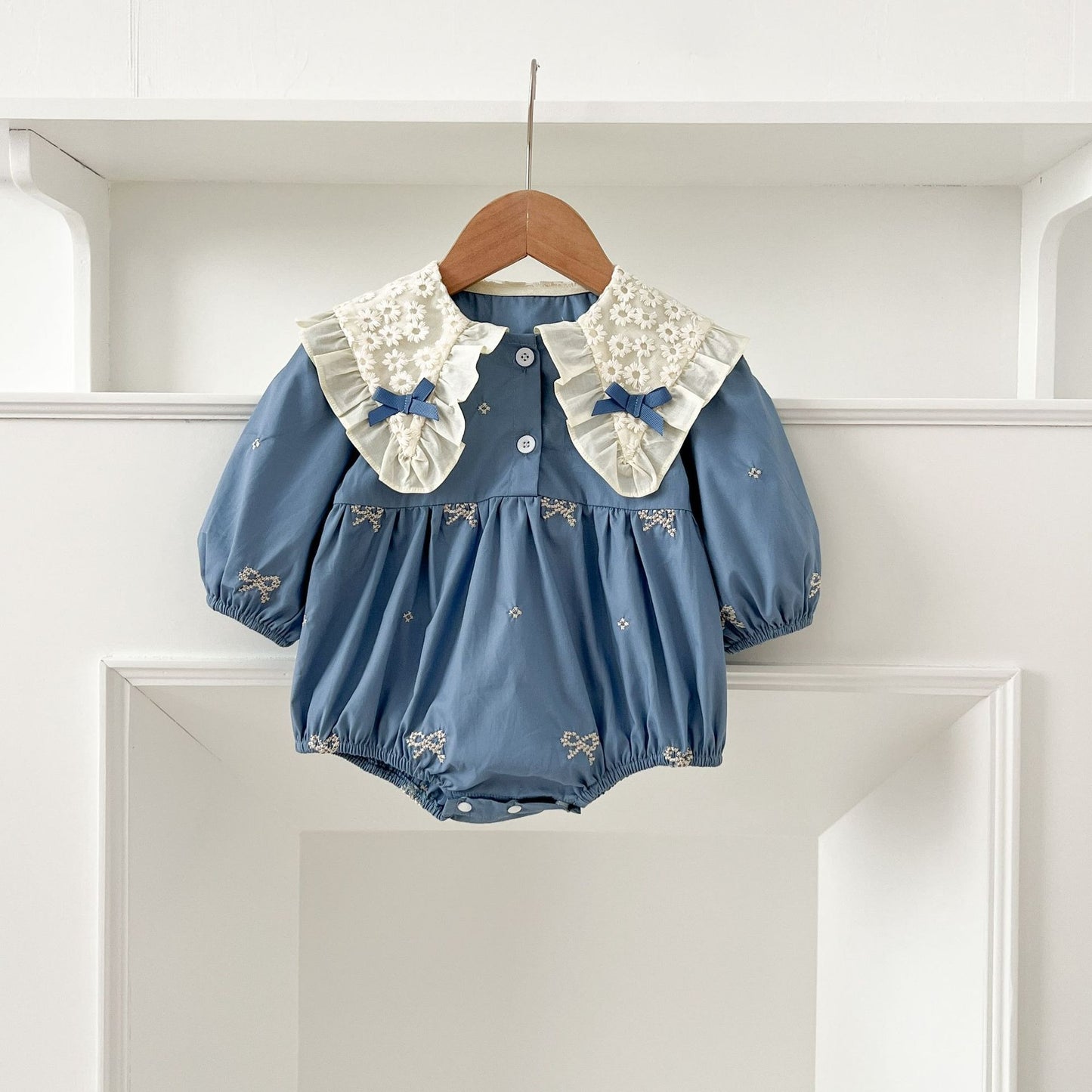 Ju Ju Jam baby girls romper in soft ice blue with balloon silhouette and gathered details.