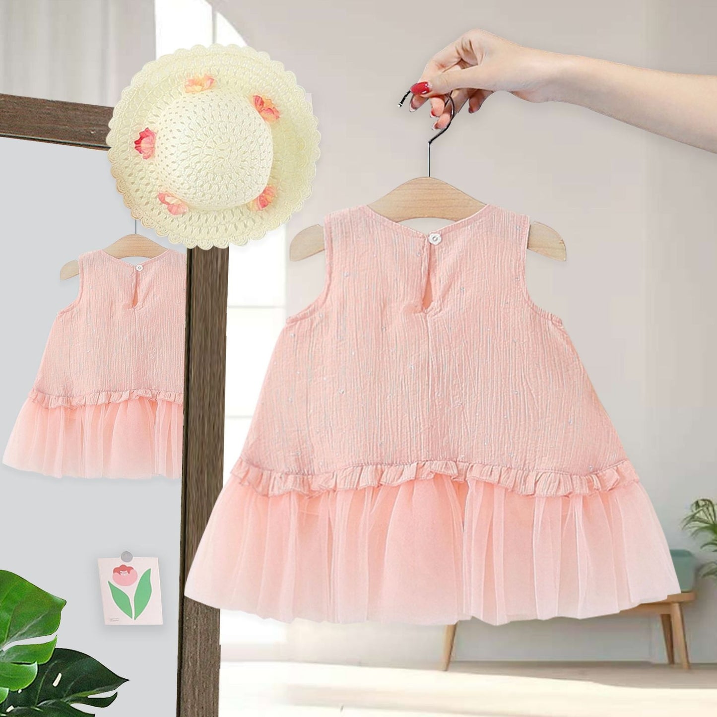 Rose Bloom Frill Girls Dress with Hat