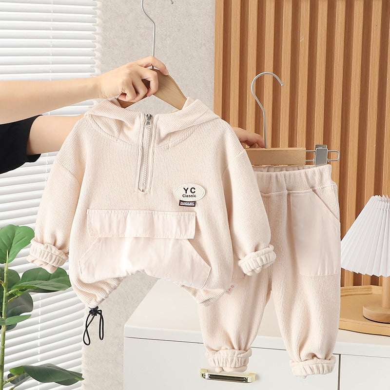 Beige hooded boys sweatsuit set by Ju Ju Jam