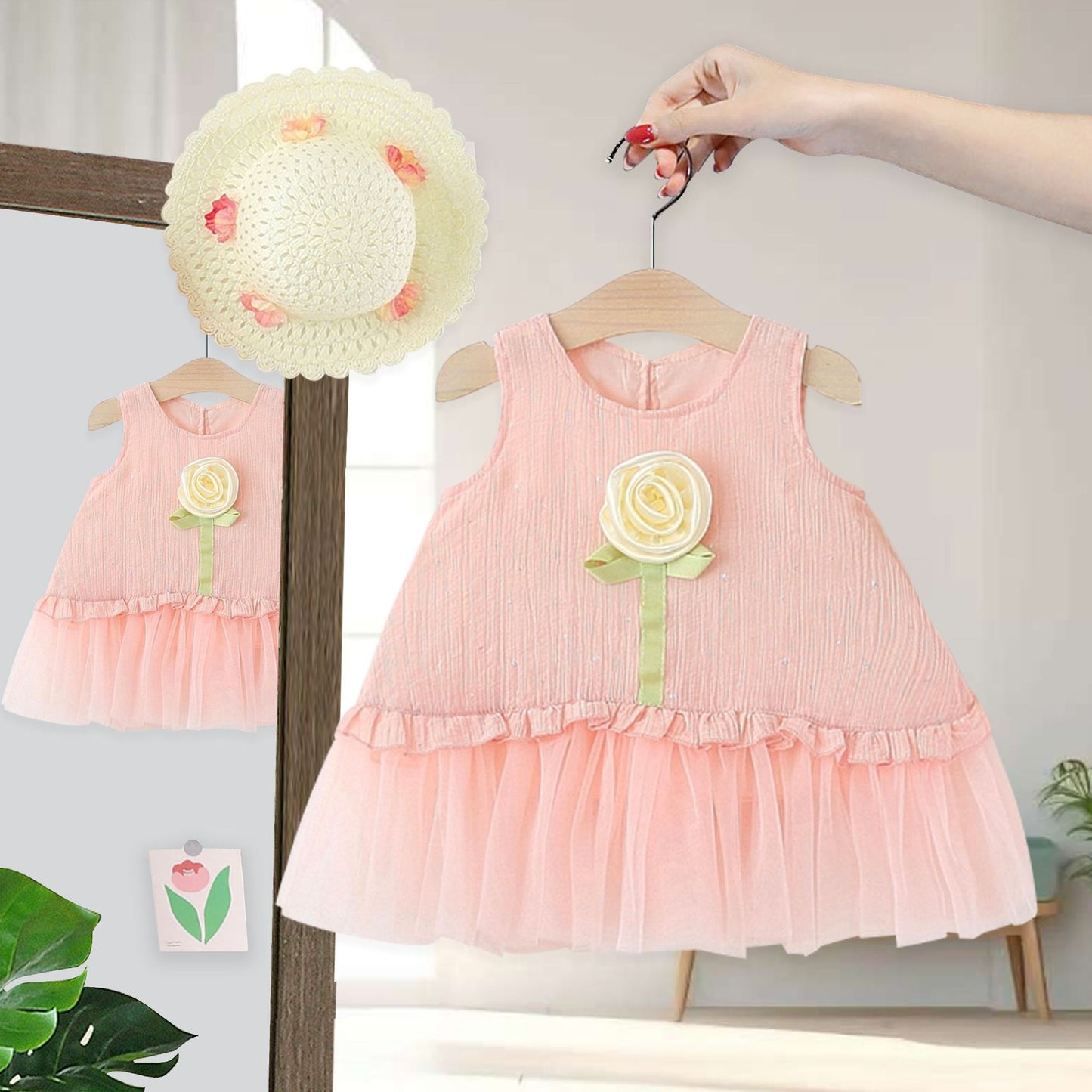 Rose Bloom Frill Girls Dress with Hat