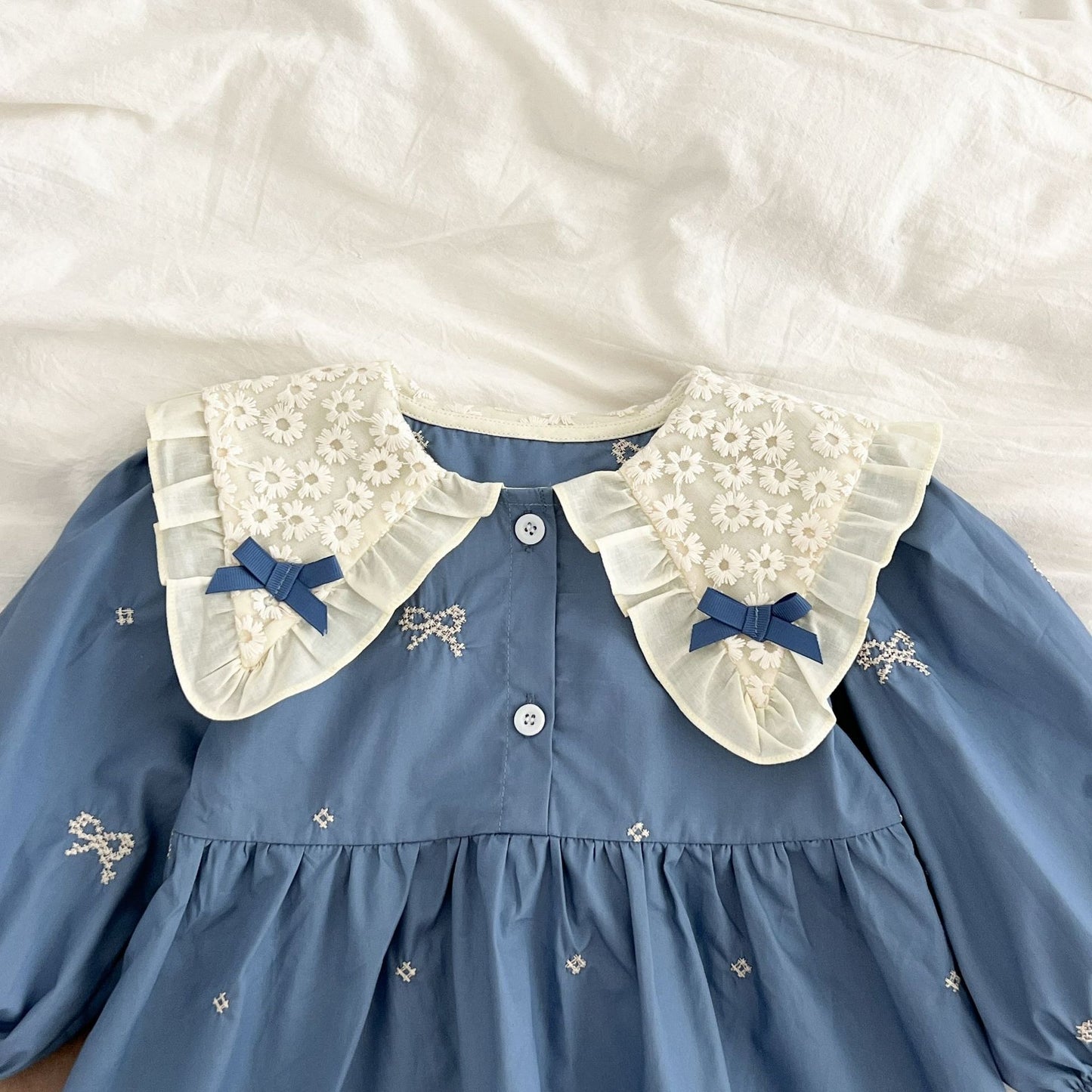 Stylish ice blue baby romper with balloon sleeves – aesthetic summer wear for girls by Ju Ju Jam.